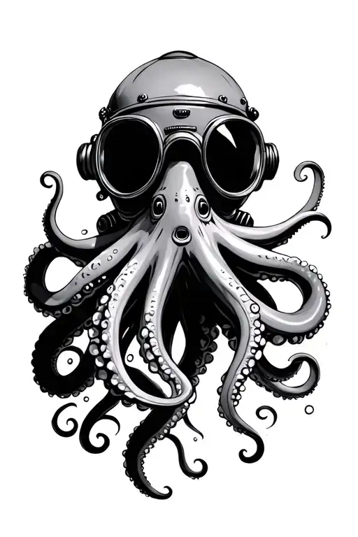 dive helmet with octopus tentacles coming out from the bottom tattoo design idea