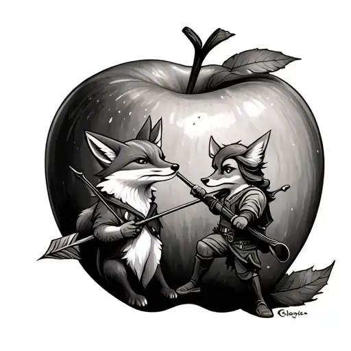 the little fox and the archer with an arrow going trough an apple tattoo design idea
