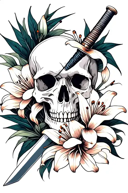 Skull pierced by katana and spider lilies with geometry tattoo design idea