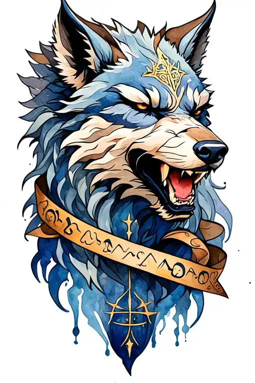 angry fenrir with runes wrapping, nordic tattoo design idea