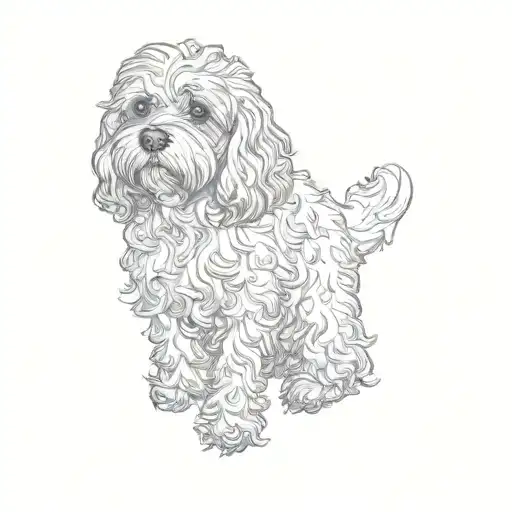 a delicate, fine lined tattoo of a cavoodle sitting upright in a side profile, with its head very tilted upward, 2d  tattoo design idea