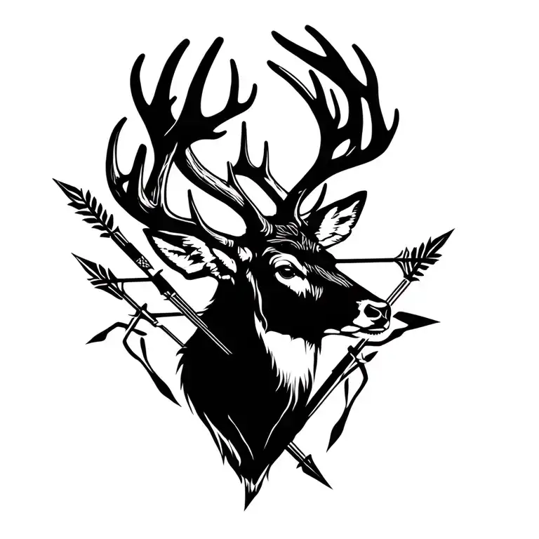 A majestic deer with antlers intertwined with hunting arrows tattoo design idea