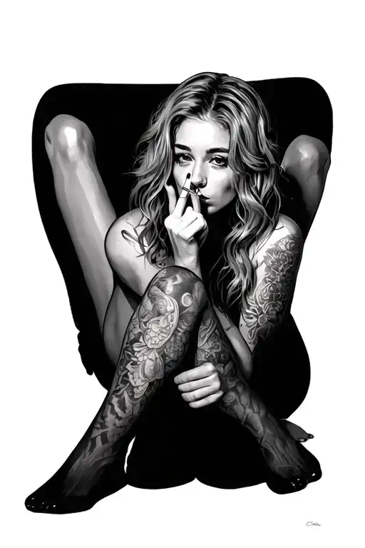 girl with legs spread in stockings shows middle finger she has a cigarette in her mouth tattoo design idea