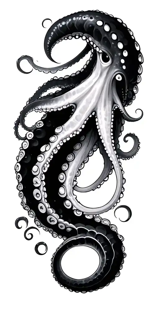 black and grey Japanese tattoo design, one realistic octopus tentacle emerging from the deep sea, partially hidden behin tattoo design idea