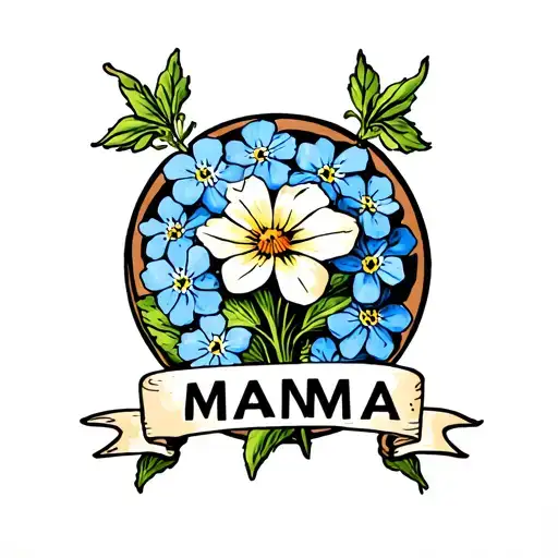 a circle wit the flower "forget-me-not" with a banner from left to right and the name MAMMA in it. old school style tattoo design idea