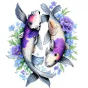 2 koi fish with lavender, camellia, forget-me-not and iris flowers tattoo design idea