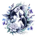 2 koi fish with lavender, camellia, forget-me-not and iris flowers tattoo design idea