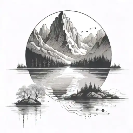 A serene lake surrounded by towering mountains, perfect for meditation tattoo design idea