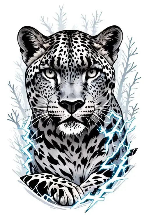 lightning with snow leopards in the woods surrounded tattoo design idea
