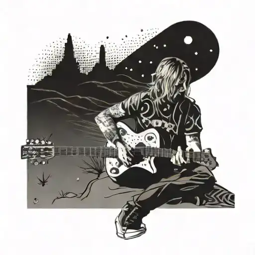 A tattoo of Kurt Cobain playing guitar in the Nevada desert, surrounded by guitar pedals and cosmic patterns tattoo design idea