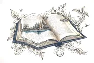A mystical book with pages flowing out into a river of knowledge tattoo design idea