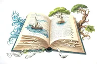 A mystical book with pages flowing out into a river of knowledge tattoo design idea