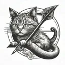 A pencil and an arrow going through a crescent moon with cat ears tattoo design idea