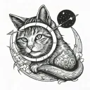 A pencil and an arrow going through a crescent moon with cat ears tattoo design idea