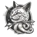 A pencil and an arrow going through a crescent moon with cat ears tattoo design idea