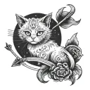 A pencil and an arrow going through a crescent moon with cat ears tattoo design idea