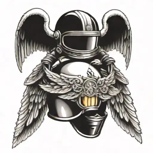 2 pair of baby angel wings holding a motorbike helmet tattoo design idea