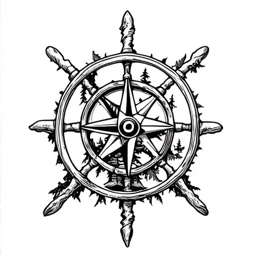 Half broken pirate ship wheel with compass on it and paml trees  tattoo design idea