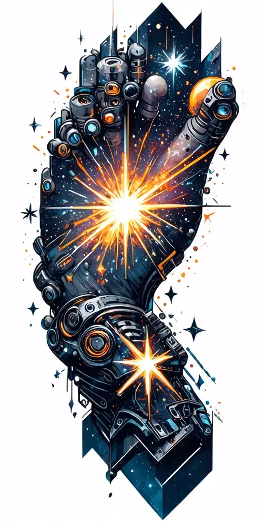 galaxy filled with stars. and geometric shapes inspired incorporate welding beads and machinary tattoo design idea
