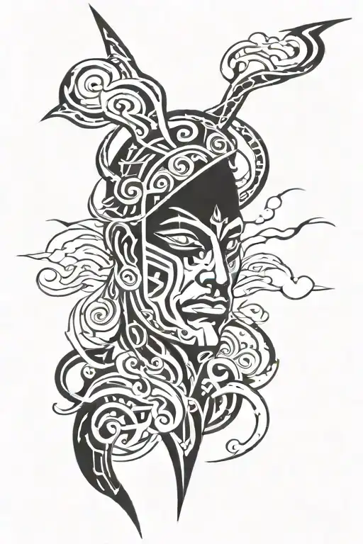 gods face with lightning in clouds tattoo design idea