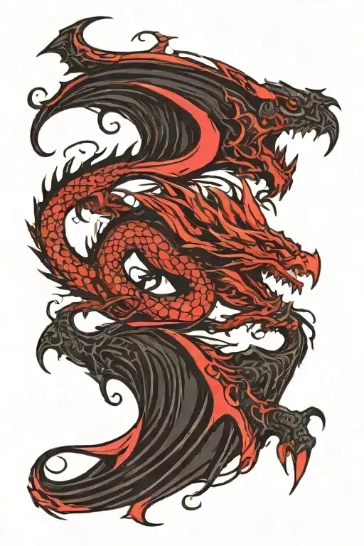 left black demon wing coming from back and right side red and black dragon wing coming from back tattoo design idea