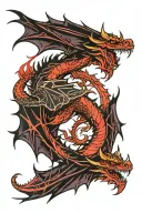 left black demon wing coming from back and right side red and black dragon wing coming from back tattoo design idea