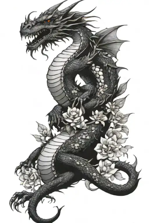 feminine gothic detailed dragon tattoo design, whole dragon body including hands and feet- surrounded by simple flowers tattoo design idea