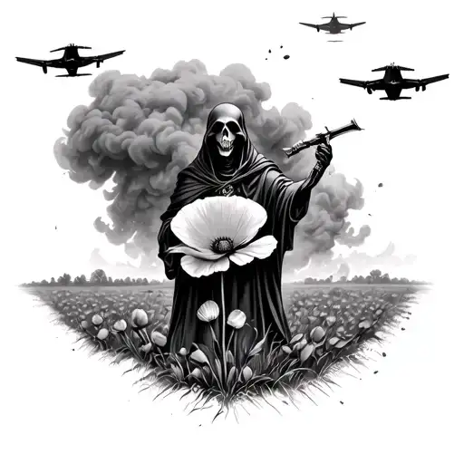 opiumn poppy in a burning field with grim reaper looking down from above in smoke while being bombed by fighter jets tattoo design idea