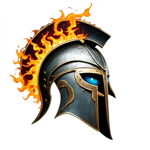 Spartan helmet with a flame eye and a blue eye tattoo design idea
