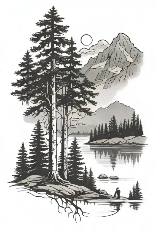 design me a large tattoo for a dad that loves outdoors and hiking. I would like a silhouette of a dad with four children tattoo design idea