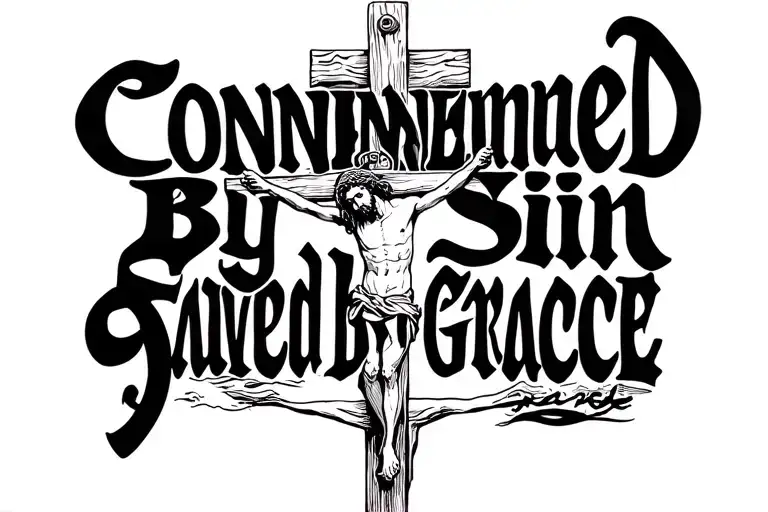 "Condemned By Sin Saved by Grace" Jesus Crucifixion from afar in faded oval tattoo design idea