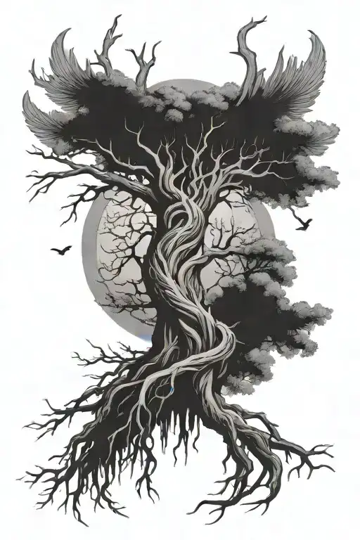 Yggdrasil with the roots going down to the but. the wings of a valkyrie on the side tattoo design idea