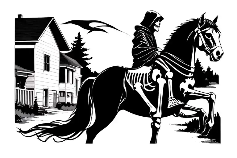 cloaked grim reaper riding skeleton horse in suburban neighborhood landscape tattoo design idea