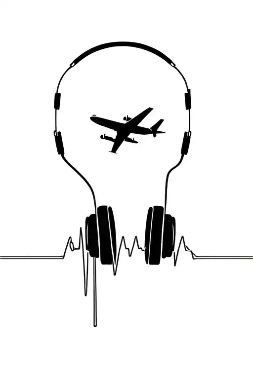 airplane flying out of headphones with a trace of a cardiogram tattoo design idea