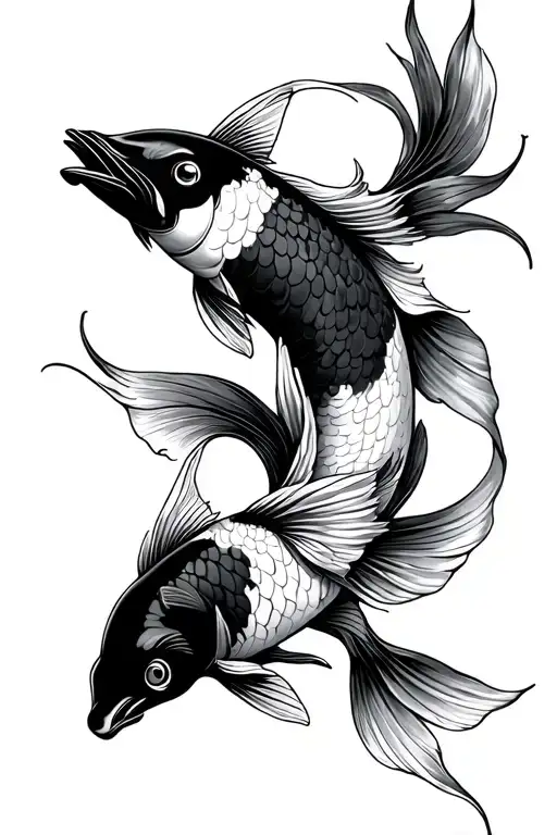 Black and white schematic style inner forearm tattoo. With tui and la, the koi fish from Avatar the Last Airbender as th tattoo design idea