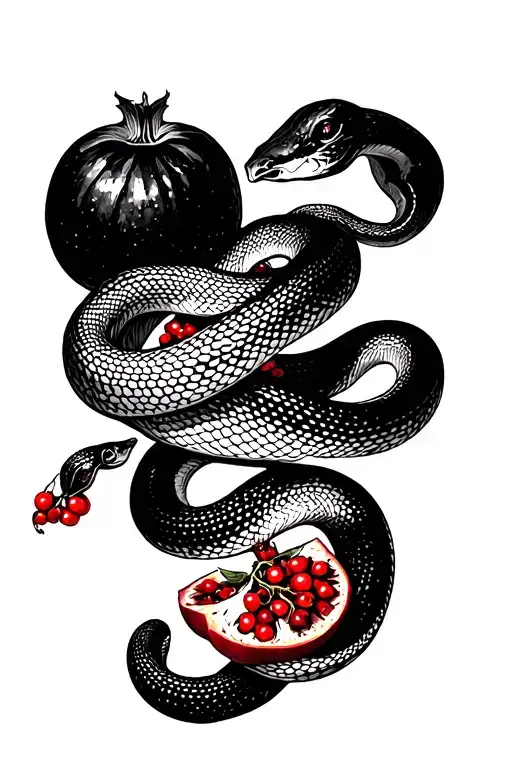 several pieces of black and white snakes with cut pomegranates that have red berries tattoo design idea