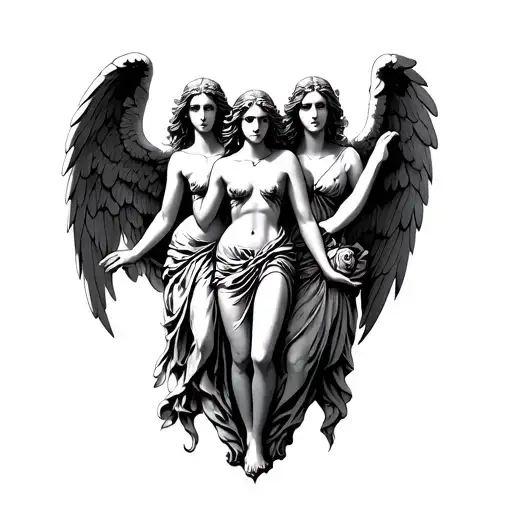 3 angels in the style of Greek mythology tattoo design idea