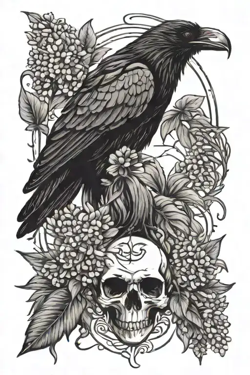Skull of a raven, with lilacs and raven feathers with protection sigil  tattoo design idea
