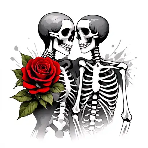 skeleton lovers with red rose tattoo design idea