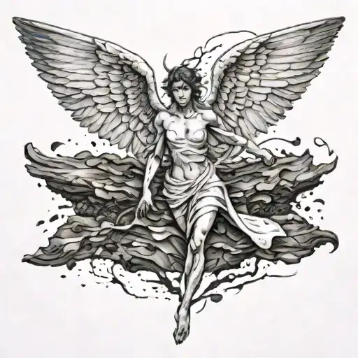 angel. spread wings. underfoot is black mud holding feet back. struggling. trying to fly. beautiful, majestic. quiet tattoo design idea