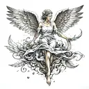 angel. spread wings. underfoot is black mud holding feet back. struggling. trying to fly. beautiful, majestic. quiet tattoo design idea
