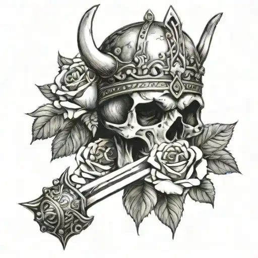 sword going through middle of skull wearing a viking crown, surrounded by roses tattoo design idea