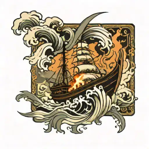 burning boat sailing tattoo design idea