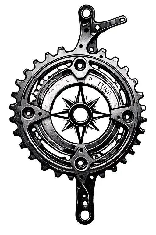 Create a tattoo template: I want a circle to be formed from a bicycle brake disc, a bicycle chainring and a compass, eac tattoo design idea