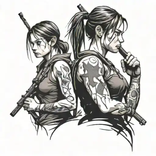 Simple small one-line tattoo of the outline of a girl warrior; warrior meets Lara Croft meets Ellie from The Last of Us tattoo design idea