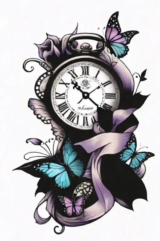 Name "Kyler", 2 clocks, 1 hourglass, butterflies, purple and teal awareness ribbon tattoo design idea
