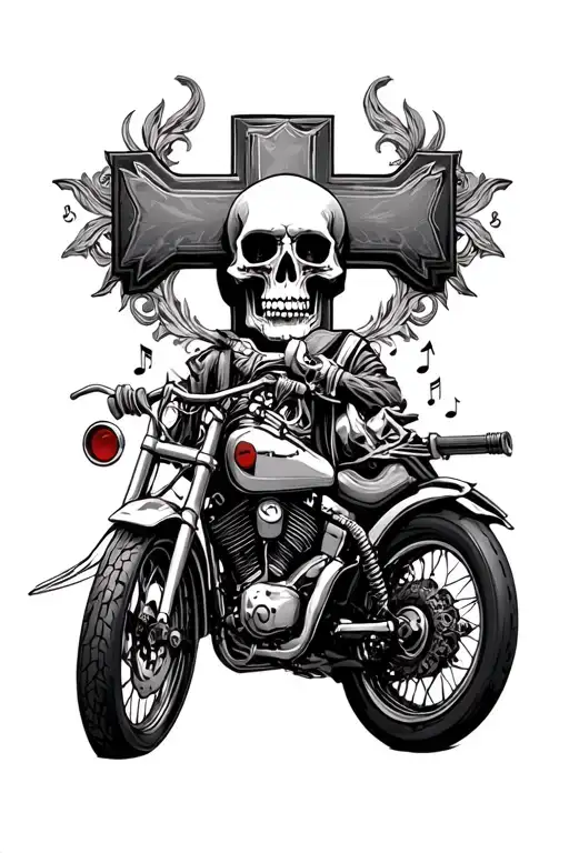 cross, motorcycle, skull, music, memento mori tattoo design idea