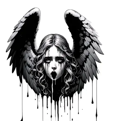 angel crying blood tears flowing from its eyes wings spread tattoo design idea