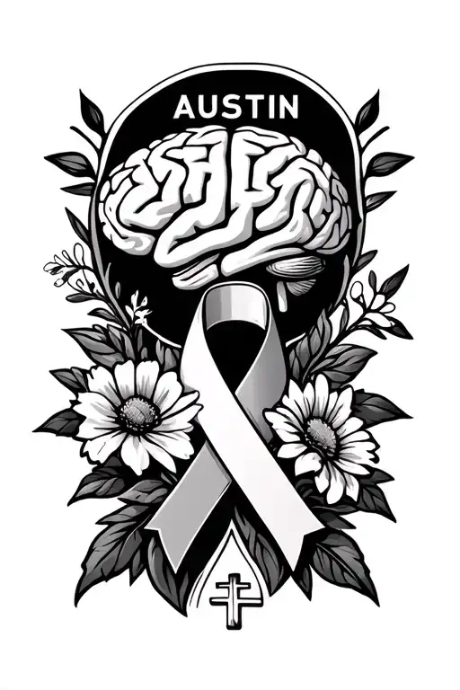 memorial that has the name Austin, and has a brain, flowers, a cross, and a cancer ribbon but is mininimal  tattoo design idea