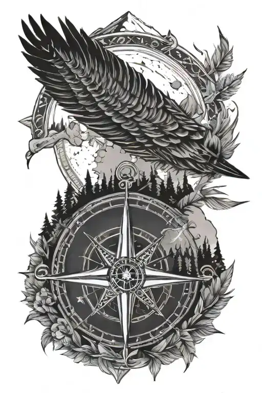 mountains wilderness moon camp feather compass rose tattoo design idea